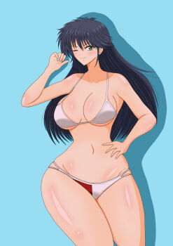 ayukawa_madoka bikini black_hair breasts green_eyes highres kimagure_orange_road large_breasts long_hair one_eye_closed swimsuit thick_thighs thighs wink