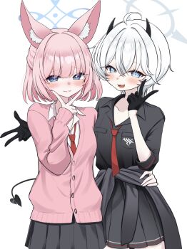 2girls absurdres alternate_costume animal_ear_fluff animal_ears black_gloves black_jacket black_shirt black_skirt blue_archive blue_eyes blue_halo cardigan clothes_around_waist collared_shirt commentary demon_girl demon_horns demon_tail erika_(blue_archive) fox_ears fox_girl gloves grey_halo hair_between_eyes half_updo halo hand_on_another's_waist highres horns jacket jacket_around_waist multiple_girls necktie niko_(blue_archive) panda_90321 pink_cardigan pink_hair pleated_skirt red_necktie school_uniform shirt short_hair skirt tail v w white_hair white_shirt