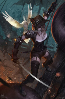 1girl armor belt bird blonde_hair boots braid breasts cannon cleavage couter dagger elbow_gloves female_focus fighting fire garter_straps gloves hat highres jewelry knee_boots knife lamp long_hair medium_breasts mouth_hold necklace parrot pauldrons pirate pirate_hat rain ship shorts shoulder_armor solo solo_focus storm sword tatto tattoo thigh_boots thighhighs water watercraft weapon xiaoguimist