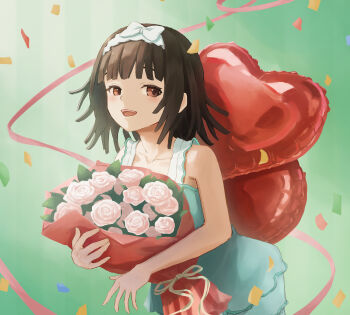 1girl absurdres balloon birthday bouquet bow_hairband brown_eyes brown_hair choppy_bangs commentary_request confetti dress flower gradient_background green_background hairband heart_balloon highres holding holding_bouquet leaning_forward medium_hair monogatari_(series) oretekiya pink_ribbon ribbon sengoku_nadeko sleeveless sleeveless_dress smile solo white_dress white_hairband