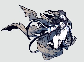 1girl black_hair blue_eyes blunt_bangs commentary_request detached_collar detached_sleeves dragon_girl dragon_horns dragon_tail dragon_wings eastern_dragon_horns grey_background groin hand_on_own_chest highres hisui_(syarute) horns loli long_hair looking_at_viewer navel nude original pale_skin profile simple_background solo tail thick_eyebrows wings