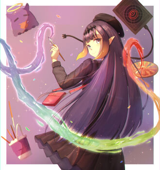 1girl absurdres ao-chan_(ninomae_ina&#039;nis) black_dress dress highres holding holding_paint_palette holding_paintbrush hololive hololive_english long_hair ninomae_ina&#039;nis ninomae_ina&#039;nis_(casual) official_alternate_costume paint_palette paintbrush purple_eyes purple_hair smile solo takodachi_(ninomae_ina&#039;nis) user_dwfx8458 very_long_hair virtual_youtuber