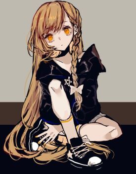 1girl alternate_costume black_hoodie black_shoes blonde_hair bow braid closed_mouth commentary_request contemporary expressionless fingernails full_body grey_background hair_bow hood hood_down hoodie kirisame_marisa long_hair looking_at_viewer shinjitsu_no_kuchi shoes side_braid single_braid sitting sneakers solo touhou white_bow yellow_eyes yellow_nails