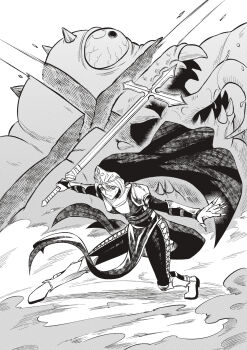 1girl 1other absurdres armor black_veil boots breasts claw_ring closed_mouth coif commentary cross english_commentary full_body greyscale hair_between_eyes highres holding holding_weapon knee_guards laba_laba_batu long_sleeves medium_breasts monochrome monster nun nun_headdress original pauldrons pelvic_curtain reverse_grip sharp_teeth shin_guards shoulder_armor side_slit sidelocks single_pauldron slashing spikes sword teeth tentacle_tongue thighs tongue tongue_out vambraces veil weapon white_background