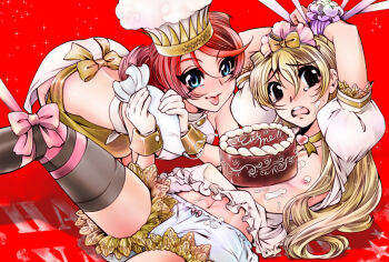 Rule 34 | apron, black eyes, blonde hair, blue eyes, blush, bound, bound wrists, cake, crossdressing, crossdressing (mtf), embarrassed, food, food on body, gemini sunrise, holding, holding pastry bag, kannah, long hair, looking at viewer, open clothes, open shirt, panties, pastry bag, petit mint, pink ribbon, ponytail, puffy sleeves, red hair, ribbon, sakura taisen, sakura taisen v, shirt, sidelocks, taiga shinjirou, tearing up, thighhighs, tongue, tongue out, underwear, white panties, white shirt, yellow apron