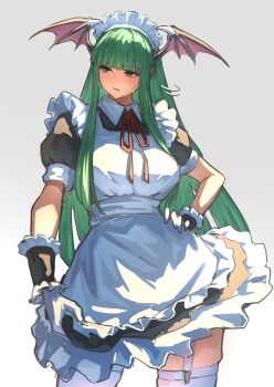 1girl absurdres alternate_costume ap_cammy apron bat_wings breasts collar commentary_request cowboy_shot darkstalkers demon_girl demon_wings enmaided frills garter_straps gloves green_eyes green_hair grey_background hand_on_own_hip head_wings highres large_breasts long_hair looking_to_the_side maid maid_apron maid_headdress morrigan_aensland puffy_short_sleeves puffy_sleeves red_ribbon ribbon short_sleeves sidelocks simple_background skindentation solo sweatdrop thighhighs very_long_hair white_gloves wings wrist_cuffs