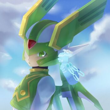 2boys armor cyber_elf_x_(mega_man) green_armor green_eyes green_helmet halo helmet highres mechanical_wings mega_man_(series) mega_man_zero_(series) mini_person mr_cairox multiple_boys sage_harpuia_(mega_man) solo_focus upper_body wings x_(mega_man)