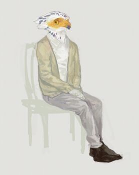1boy bird_boy chair commentary_request feathers full_body furry furry_male grey_background looking_at_viewer male_focus nagabe original shirt simple_background sitting solo sweater white_feathers white_shirt yellow_eyes yellow_sweater