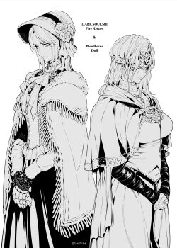 2girls blindfold_mask bloodborne bonnet character_name commentary company_connection copyright_name covered_eyes crossover dark_souls_(series) dark_souls_iii doll_joints dress english_commentary fire_keeper fishine fromsoftware greyscale highres jewelry joints mask monochrome multiple_girls necklace plain_doll poncho simple_background white_background