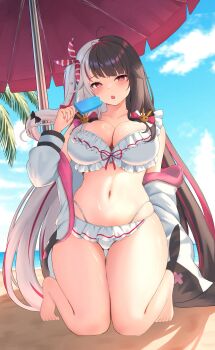 1girl absurdres barefoot beach beach_umbrella bikini black_hair blue_sky breasts cleavage cloud commentary_request day food frilled_bikini frills grey_hair hand_up highleg highleg_bikini highres holding holding_food holding_popsicle jacket jacket_partially_removed kneeling large_breasts long_hair looking_at_viewer multi-strapped_bikini_bottom multicolored_hair navel nijisanji official_alternate_costume official_alternate_hairstyle one_side_up open_mouth outdoors p-tomi popsicle red_eyes red_hair sidelocks sky solo split-color_hair stomach streaked_hair swimsuit teeth thigh_gap umbrella upper_teeth_only very_long_hair virtual_youtuber white_bikini white_jacket yorumi_rena yorumi_rena_(7th_costume)