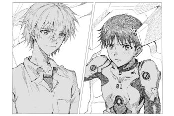 2boys collared_shirt commentary_request greyscale hair_between_eyes ikari_shinji interface_headset_(evangelion) male_focus mecha_pilot_suit monochrome multiple_boys nagisa_kaworu neon_genesis_evangelion plugsuit_(evangelion) shirt short_hair split_screen upper_body wan_wan_shuijiao