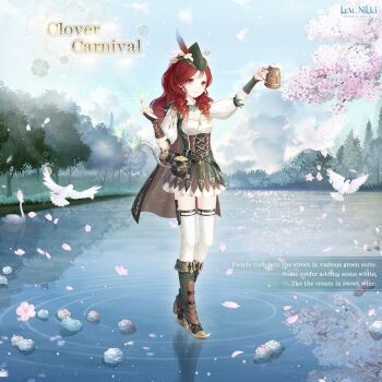 1girl alcohol animal arrow_through_hat artist_request beer beer_mug belt bird black_belt black_bridal_gauntlets black_cape blue_sky boots bracer bridal_gauntlets brown_cape brown_corset brown_eyes cape character_name cherry_blossoms closed_mouth cloud clover_carnival_(miracle_nikki) copyright_logo corset cross-laced_armwear cross-laced_clothes cross-laced_corset crossed_belts cup day dot_nose dove drink english_text falling_petals flower full_body gold green_boots green_hat green_skirt happy hat hat_feather hat_flower high_heel_boots high_heels holding holding_drink holster knees lake light_particles logo long_hair long_sleeves miniskirt miracle_nikki mug nikki_(series) official_art outdoors petals pink_flower pleated_skirt pointy_boots ponytail puffy_long_sleeves puffy_sleeves red_hair reflection reflective_liquid ringlets rose shirt sidelocks skirt sky smile solo spring_(season) standing standing_on_liquid tareme thigh_belt thigh_holster thigh_strap thighhighs third-party_source tree two-sided_cape two-sided_fabric white_flower white_rose white_shirt white_thighhighs