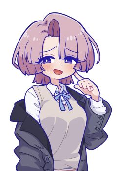 1girl arimura_mao black_jacket blue_ribbon blush brown_hair brown_sweater_vest fis_(t83192933) gakuen_idolmaster hand_up highres idolmaster index_finger_raised jacket long_sleeves neck_ribbon open_clothes open_jacket open_mouth ribbon short_hair simple_background solo sweatdrop sweater_vest white_background