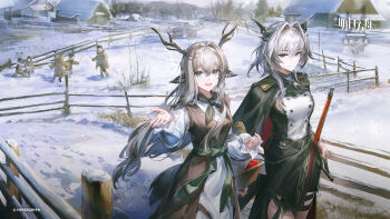 2girls alina_(arknights) animal_ears antler_ring antlers apple arknights ascot basket black_ascot black_jacket black_neckerchief blue_eyes bread brown_dress cape chinese_commentary closed_mouth commentary_request copyright_logo copyright_notice dress epaulettes fence food fruit hair_intakes hair_ornament highres holding holding_basket horns jacket logo long_hair long_sleeves military_jacket multiple_girls neckerchief official_art open_mouth people sash short_hair_with_long_locks smile snow sword talulah_(arknights) talulah_the_fighter_(arknights) thigh_strap very_long_hair village waist_sash weapon white_dress white_jacket