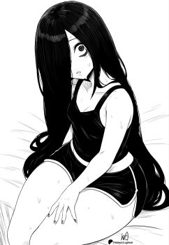 alternate_costume bags_under_eyes bed_sheet black_nails breasts cleavage commentary dolphin_shorts english_commentary hair_over_one_eye highres long_hair looking_at_viewer lughost monochrome parted_lips shorts sitting small_breasts sweat tank_top the_ring thick_thighs thighs yamamura_sadako