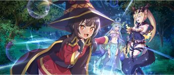 +_+ 3girls :3 animal_costume animal_ear_fluff animal_ears aqua_(konosuba) arabian_clothes bare_shoulders belt black_cape black_collar black_hat blonde_hair blue_eyes blue_hair blue_thighhighs breast_tattoo breasts broken broken_chain brown_hair cape chain circlet cleavage clenched_hand closed_eyes cloud collar crossed_arms cuffs dancer darkness_(konosuba) dress excited fingerless_gloves game_cg gloves glowing hair_rings hand_up hat high_ponytail highres kono_subarashii_sekai_ni_shukufuku_wo! konosuba!_fantastic_days lens_flare light_rays long_hair looking_at_viewer medium_breasts megumin multiple_girls navel night night_sky official_art open_mouth outdoors pelvic_curtain pointing ponytail red_dress red_eyes shackles short_hair_with_long_locks single_hair_ring sky smile sparkle star_(sky) starry_sky stomach tail tattoo thigh_belt thigh_strap thighhighs third-party_source tree wide_brim witch_hat wolf_costume wolf_ears wolf_tail