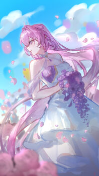 Rule 34 | 1girl, alternate costume, balloon, bare shoulders, blue sky, bouquet, breasts, cleavage, diamond-shaped pupils, diamond (shape), elf, elysia (herrscher of human: ego) (honkai impact), elysia (honkai impact), falling petals, flower, highres, holding, holding bouquet, honkai (series), honkai impact 3rd, long hair, medium breasts, outdoors, parted lips, petals, pink hair, pointy ears, purple eyes, seawave02974, sky, solo, symbol-shaped pupils, very long hair