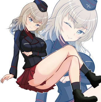 Rule 34 | 1girl, ass, black jacket, blue eyes, blush, boots, breasts, full body, girls und panzer, gratin (kumaisao), grey hair, hat, highres, itsumi erika, jacket, kuromorimine military uniform, large breasts, long hair, looking at viewer, military hat, one eye closed, red skirt, simple background, sitting, skirt, smile, solo, white background