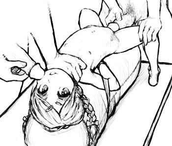 1girl 2boys amy_obscena bluesalm0n flat_chest group_sex loli multiple_boys nipples penis punching_bag solo_focus table twintails