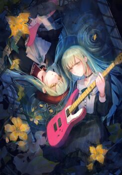 Rule 34 | 2girls, 7-string guitar, ascot, bang dream!, bang dream! it's mygo!!!!!, beret, black capelet, black choker, blue dress, brooch, capelet, choker, closed mouth, commentary, cucumber flower, dress, dual persona, earrings, electric guitar, extended range guitar, frilled choker, frills, green hair, green ribbon, guitar, hair ornament, hairclip, hat, highres, holding, holding guitar, holding instrument, instrument, jewelry, koniliuu, long hair, long sleeves, mortis (bang dream!), mortis (costume) (bang dream!), mortis (persona) (bang dream!), multiple girls, neck ribbon, plaid clothes, plaid dress, red hat, ribbon, wakaba mutsumi, white ascot, yellow eyes