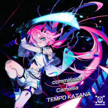 1boy absurdres ahoge androgynous bishounen blue_eyes camellia_(musician) chromatic_aberration commentary_request commission eyelashes heavy_chromatic_aberration highres holding holding_sword holding_weapon honepink katana long_hair male_focus midriff navel official_art pink_hair ponytail ringed_eyes shorts solo sword trap weapon white_shorts