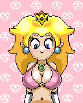 Rule 34 | 1girl, artist request, blonde hair, blue eyes, blush, bra, breasts, cleavage, gloves, large breasts, long hair, looking down, mario (series), navel, nintendo, open mouth, pixel art, princess, princess peach, source request, underwear