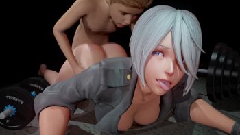 1boy 1girl 3d age_difference ahegao angel_(kof) animated ass black_background black_jacket blue_eyes bottomless breasts cleavage from_above full_body grey_hair hair_over_one_eye hetero jacket large_breasts leather leather_jacket looking_at_another looking_back looping_animation lying medium_hair on_stomach onee-shota open_mouth rolling_eyes sex sex_from_behind short_sleeves shota simple_background size_difference snk solo_focus sound tagme teeth the_king_of_fighters tongue tongue_out torogao video yellowbea