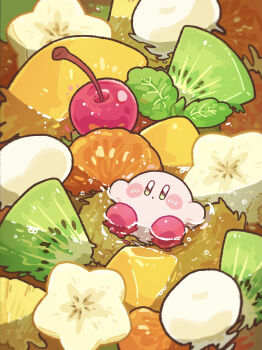 Rule 34 | :o, afloat, blush stickers, bright pupils, cherry, closed mouth, commentary request, dot mouth, food, food focus, from above, fruit, harukui, highres, kirby, kirby (series), kiwi (fruit), looking up, nintendo, no humans, no nose, peach, pineapple, starfruit, white pupils