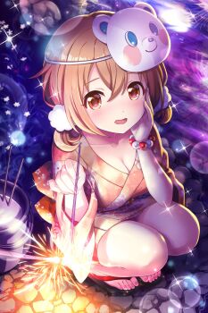 1girl absurdres aerial_fireworks alternative_girls bead_bracelet beads black_sandals blush bracelet breasts brown_eyes brown_hair cleavage collarbone commentary_request fireworks floral_print floral_print_kimono from_above hair_ornament hair_scrunchie hand_on_own_cheek hand_on_own_face highres holding holding_fireworks japanese_clothes jewelry kimono large_breasts lens_flare looking_at_viewer mask mask_on_head momoi_hina night official_art open_mouth orange_kimono outdoors panda_mask print_kimono reflection reflective_water river sandals scrunchie second-party_source short_hair short_twintails smile solo sparkle sparkler squatting twintails white_scrunchie yukata