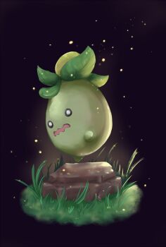 black_eyes bright_pupils commentary_request full_body grass highres liloceands nintendo no_humans open_mouth pokemon pokemon_(creature) pokemon_focus rock smoliv solo wavy_mouth white_pupils