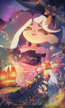 1girl absurdres alternate_skin_color bare_shoulders breasts cephalopod_eyes character_ear_piercing crop_top cross-shaped_pupils fingernails fire green_eyes green_nails halloween_costume hand_up highres inkling jack-o&#039;-lantern long_hair magic marina_(splatoon) multicolored_hair nail_polish nintendo octoling orange_pupils parted_lips pearl_(splatoon) pyrokinesis splatoon_(series) symbol-shaped_pupils tako_maru_yeah tentacle_hair witch