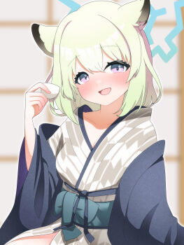 Rule 34 | 1girl, :d, absurdres, animal ears, architecture, bath yukata, blue archive, blue halo, blue haori, blush, breasts, cleavage, collarbone, commentary request, cup, double-parted bangs, east asian architecture, green hair, grey kimono, hair between eyes, halo, haori, highres, holding, holding cup, indoors, japanese clothes, kimono, looking at viewer, medium hair, obi, official alternate costume, open mouth, petako (ptpt k), purple eyes, sash, shigure (blue archive), shigure (hot spring) (blue archive), sidelocks, sitting, smile, solo, upper body, weasel ears, yukata