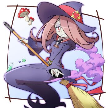 1girl absurdres belt broom commentary eyeshadow grin hair_over_one_eye hat highres holding holding_broom little_witch_academia long_hair luna_nova_school_uniform makeup mushroom newbear outside_border pink_hair red_belt red_eyes red_ribbon ribbon school_uniform sharp_teeth smile sucy_manbavaran teeth witch witch_hat