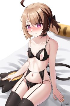 Rule 34 | 1girl, :3, ahoge, artist name, black bra, black panties, black thighhighs, blush, bra, breasts, brown hair, closed mouth, commentary, crotchless, crotchless panties, cupless bra, fang, garter belt, garter straps, gigi murin, grem (gigi murin), highres, hololive, hololive english, lace, lace-trimmed bra, lace-trimmed panties, lace trim, multicolored hair, nail polish, navel, nipples, nose blush, on bed, panties, pink eyes, pussy, pyrokuro, short twintails, simple background, sitting, small breasts, solo, tail, thighhighs, twintails, two-tone hair, uncensored, underwear, virtual youtuber, white background, yellow nails