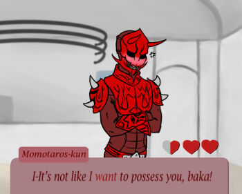 1boy 2012 anger_vein armor bad_id bad_tumblr_id black_eyes blush crossed_arms dating dialogue_box english_text heart kamen_rider kamen_rider_den-o_(series) looking_away male_focus momotaros monster monster_boy oni pov red_armor simulator train_interior tsundere