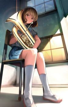 10s 1girl absurdres ankle_socks brown_eyes brown_hair chair euphonium female_focus from_below glint gochiwa hibike!_euphonium highres instrument lens_flare matching_hair/eyes oumae_kumiko perspective school_uniform serafuku shine shoes short_hair sitting socks solo uwabaki window