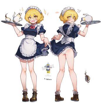 1girl absurdres apron ass blonde_hair breasts commentary don_quixote_(project_moon) dress english_commentary frilled_apron frills highres jeehyung_seo limbus_company looking_at_viewer maid maid_apron maid_headdress panties project_moon shirt short_hair simple_background smile underwear white_apron white_background white_panties