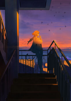 1girl absurdres against_railing animal_ears bird black_bird building cigarette commentary_request crop_top crop_top_overhang dolphin_shorts full_body highres holding holding_lighter hollow_(zenless_zone_zero) jane_doe_(zenless_zone_zero) lighter lighting_cigarette long_hair long_tail looking_to_the_side midfinger mouse_ears mouse_girl mouse_tail outdoors purple_sky railing sharp_tail shirt shorts sky solo stairs tail unbuttoned white_shirt zenless_zone_zero