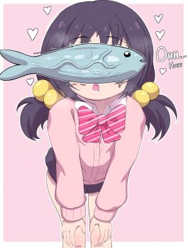 1girl age_difference bad_tag black_hair border breath doregene english_text fish hair_ornament highres kaai_yuki legs loli pink_background pink_sweater school_uniform sexually_suggestive short_twintails skirt solo standing sweater thighs twintails veins vocaloid white_border zako_(vocaloid)