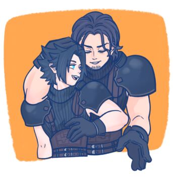 105zz 2boys angeal_hewley aqua_eyes armor beard belt black_gloves black_hair black_shirt border brown_belt closed_eyes crisis_core:_final_fantasy_vii cropped_torso facial_hair final_fantasy final_fantasy_vii gloves hand_on_another's_head lowres male_focus medium_hair multiple_belts multiple_boys open_mouth orange_background parted_bangs parted_lips pauldrons ribbed_shirt shirt shoulder_armor sleeveless sleeveless_turtleneck smile turtleneck upper_body white_border yaoi zack_fair