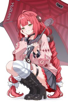 1girl black_boots black_collar black_skirt blush boots braid breasts collar commentary_request green_eyes high_heels highres holding holding_umbrella looking_at_viewer medium_breasts pink_shirt red_hair shirt shizukodesu skirt smile socks solo squatting striped_clothes striped_socks thigh_strap twin_braids ukinami_yuzuha umbrella zenless_zone_zero