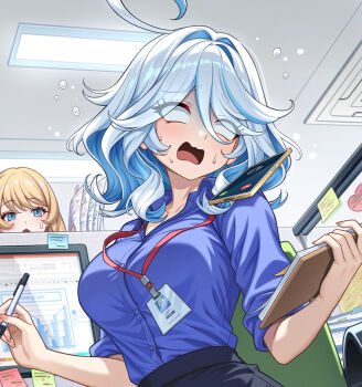 1girl 2girls black_pantyhose black_skirt buttons collared_shirt cropped dress_shirt formal_clothes furina_(genshin_impact) genshin_impact id_card indoors monitor multiple_girls navia_(genshin_impact) no-ba office office_lady pantyhose shirt shirt_tucked_in skirt