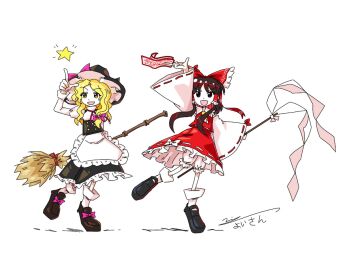 Rule 34 | 2girls, apron, bare shoulders, black shoes, black skirt, black vest, blonde hair, bloomers, bow, bowtie, broom, brown eyes, brown hair, buttons, collar, detached sleeves, frilled apron, frilled bloomers, frilled collar, frilled hair tubes, frilled hat, frilled ribbon, frilled skirt, frills, gohei, hair ornament, hair ribbon, hair tubes, hakurei reimu, hand up, hat, hat ornament, hat ribbon, holding, holding gohei, holding ofuda, index finger raised, japanese clothes, juliet sleeves, kirisame marisa, long hair, long sleeves, miko, multiple girls, nontraditional miko, ofuda, open mouth, parted bangs, pink ribbon, puffy long sleeves, puffy sleeves, red bow, red bowtie, red ribbon, red shirt, ribbon, ribbon shoes, shirt, shoes, sidelocks, signature, simple background, skirt, sleeve ribbon, sleeveless, sleeves past wrists, smile, socks, ten desires, touhou, turtleneck, underwear, vest, waist apron, wavy hair, white apron, white background, white bloomers, white collar, white hat, white ribbon, white shirt, white sleeves, white socks, wide sleeves, witch, witch hat, yellow eyes, yoiy san