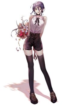 1girl absurdres black_choker black_ribbon black_shorts black_thighhighs bouquet chainsaw_man choker collared_shirt flower green_eyes hair_between_eyes highres holding holding_bouquet neck_ribbon purple_hair reze_(chainsaw_man) ribbon shadow shirt shirt_tucked_in shorts simple_background sleeveless sleeveless_shirt solo standing thighhighs white_background white_shirt yoshiko_0319