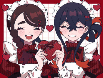 2girls ^_^ apron black_hair blush bow box box_of_chocolates braid brown_hair carmine_(pokemon) chocolate closed_eyes collared_dress colored_inner_hair commentary_request crossed_bangs dress food frilled_apron frills gift gift_box grin hair_between_eyes hair_ornament hair_up hairclip heart heart-shaped_box holding holding_box holding_chocolate holding_food holding_gift juliana_(pokemon) long_sleeves maid maid_apron maid_headdress mole mole_under_eye multicolored_hair multiple_girls nintendo open_mouth pokemon pokemon_sv puffy_sleeves red_hair side_braid sidelocks smile teeth two-tone_hair upper_teeth_only user_rvny3882 valentine white_apron white_headdress x_hair_ornament
