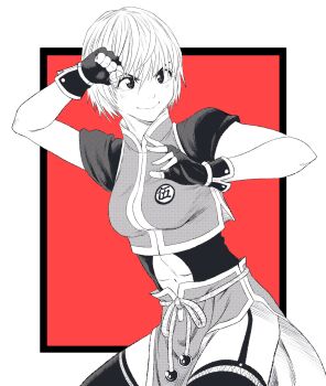 1girl breasts clenched_hand clothing_cutout commentary_request cowboy_shot crop_top fighting_stance fingerless_gloves garter_straps gloves greyscale_with_colored_background highres lee_(dragon_garou) medium_breasts navel navel_cutout original pelvic_curtain red_background short_hair skirt smile solo thighhighs v-shaped_eyebrows