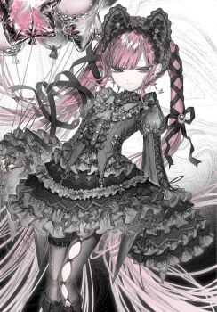 1girl animal_ear_hairband animal_ears asymmetrical_legwear balloon bell_sleeves black_dress black_hairband black_pantyhose bow_legwear buttons cat_ear_hairband cat_ears center_frills commission cross cross-laced_clothes cross-laced_sleeves cross_earrings dress earrings fake_animal_ears frilled_dress frilled_hairband frilled_sleeves frills gothic_lolita gradient_background hair_ribbon hairband highres jewelry juliet_sleeves lace-trimmed_hairband lace_trim layered_sleeves light_smile lolita_fashion long_hair long_sleeves looking_at_viewer mismatched_legwear original pantyhose pink_hair puffy_sleeves ribbon skeb_commission sleeves_past_fingers sleeves_past_wrists solo twintails very_long_hair xoxzxox