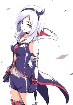 1girl armband bike_shorts black_armband black_choker black_gloves black_hairband black_jacket black_shorts black_thighhighs bracelet choker closed_mouth commentary cowboy_shot eas_(fresh_precure!) elbow_gloves fresh_precure! gloves hairband higashi_setsuna highres jacket jewelry looking_at_viewer medium_hair precure red_eyes short_shorts shorts sideways_glance solo standing thighhighs uraki white_background white_hair