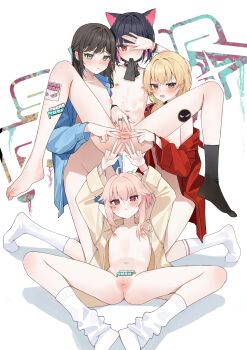 4girls absurdres after-school_sweets_club_(blue_archive) ahoge airi_(band)_(blue_archive) airi_(blue_archive) animal_ears bar_censor barefoot black_choker black_hair black_mask blonde_hair blue_archive blue_jacket blush cat_ears censored choker closed_mouth collarbone colored_inner_hair commentary cum cum_in_pussy cum_on_body extra_ears feet flat_chest green_eyes green_halo grey_eyes halo highres jacket kazusa_(band)_(blue_archive) kazusa_(blue_archive) legs loli long_hair long_sleeves looking_at_viewer low_twintails mask mask_pull mouth_mask multicolored_hair multiple_girls natsu_(band)_(blue_archive) natsu_(blue_archive) navel nipples no_shoes official_alternate_costume open_clothes open_jacket open_mouth pink_hair pink_halo pussy red_eyes red_jacket revision short_hair simple_background socks spread_pussy toenails toes twintails white_background white_socks xiao_lin_jiu yellow_halo yellow_jacket yoshimi_(band)_(blue_archive) yoshimi_(blue_archive)