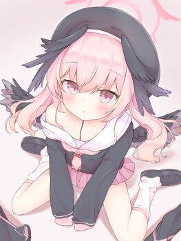 beret black_hat black_shirt black_wings blue_archive blush enim feathered_wings from_above halo hat head_wings highres kneehighs koharu_(blue_archive) loafers long_hair loose_socks low_wings necktie off_shoulder parted_lips pink_eyes pink_hair pink_necktie pink_skirt pleated_skirt sailor_collar school_uniform shirt shoes sitting skirt socks solo twintails wariza white_sailor_collar white_socks wings